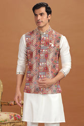 Off White Silk Kurta Pajama with Printed Jacket